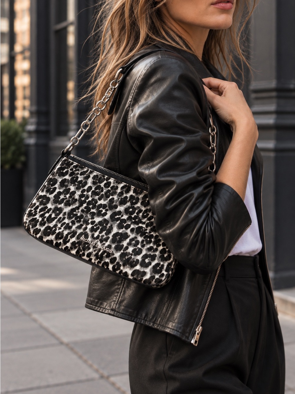 Michael Kors Empire Medium Leopard Print Calf Hair Pochette Shoulder Bag